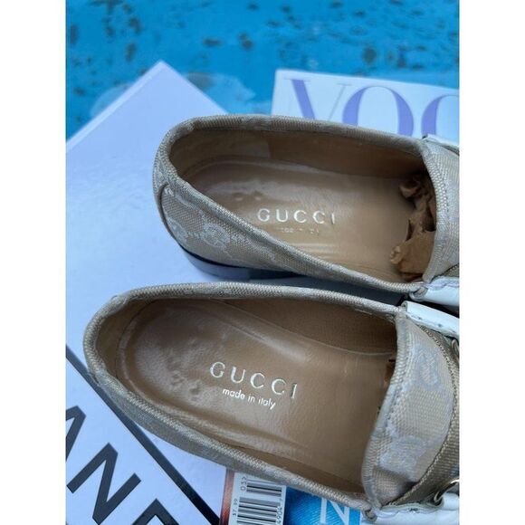 GUCCI Women's Tan Monogram GG Logo Canvas Horsebit Loafers Size 7 - Picture 6 of 13